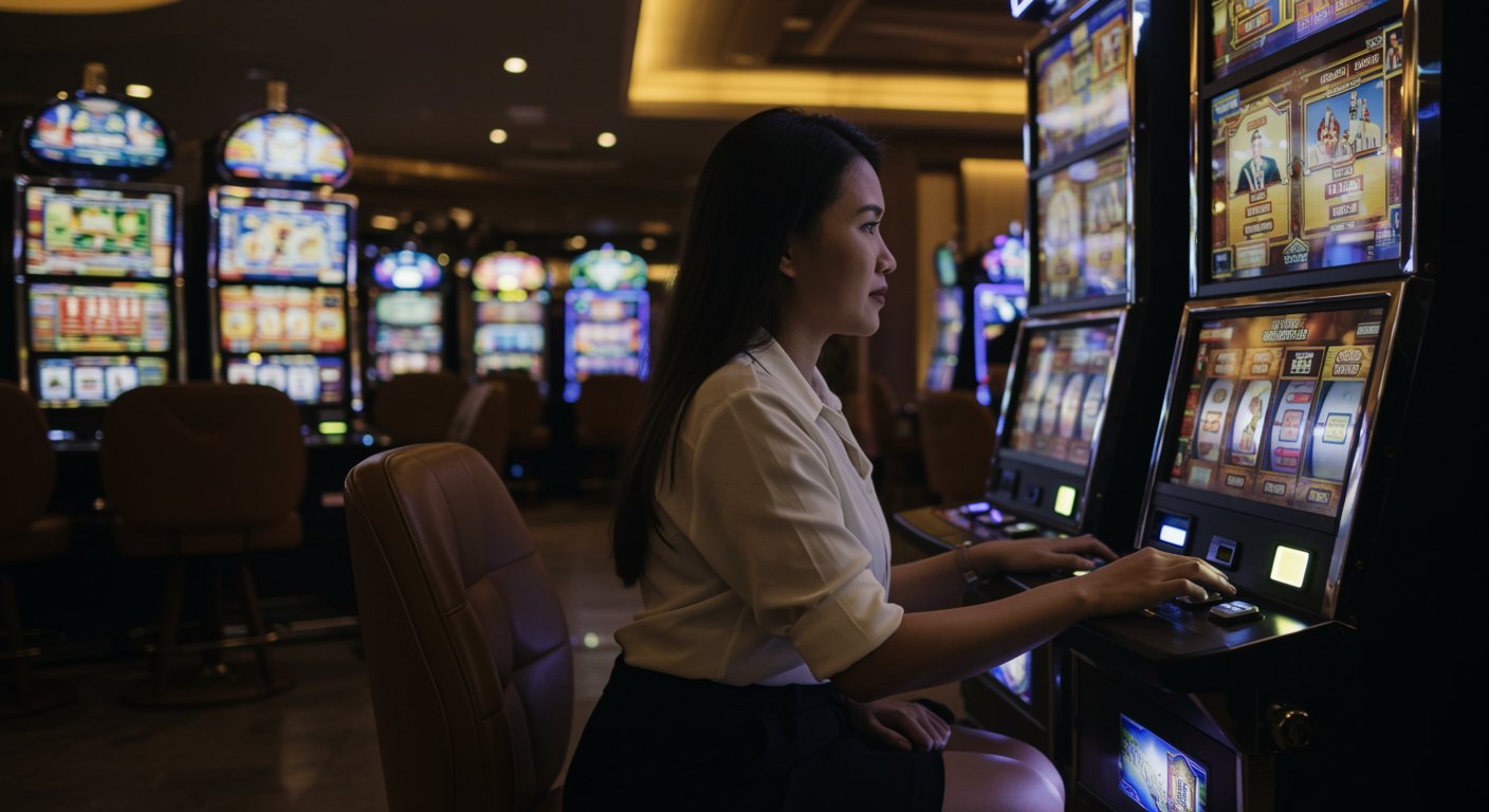 woman playing slots in casino